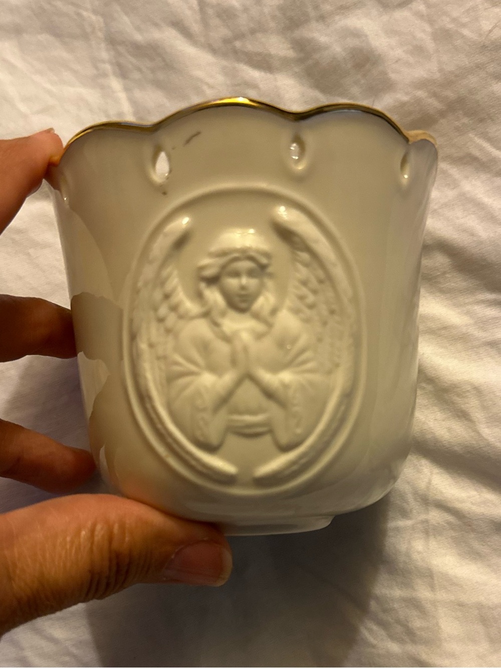 Elegant White Ceramic Angel Vase with Gold Trim